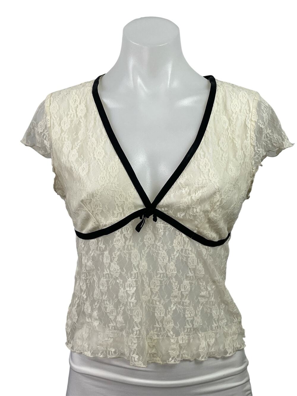 Kimchi Blue Womens White Floral Lace V-neck Short Cap Sleeve Sheer Blouse Top L